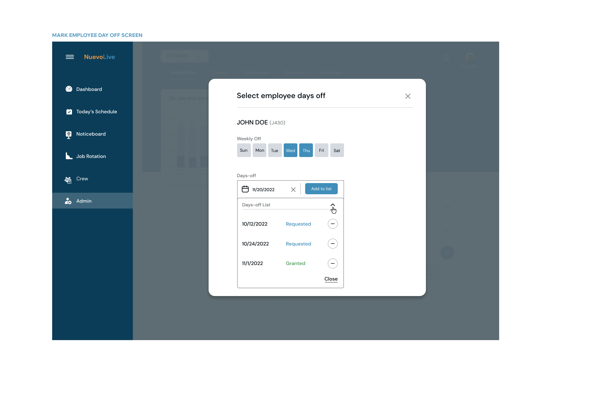 Employee DayOff Screen